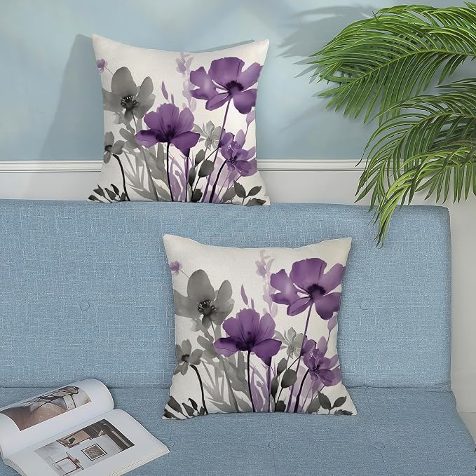 Spring Floral Pillow Covers 18x18 Inches Set of 2 Gray Purple Floral Throw Pillow Covers Outdoor Summer Flower Decoration Pillowcase Farmhouse Decorative Square Cushion Cover for Home Couch