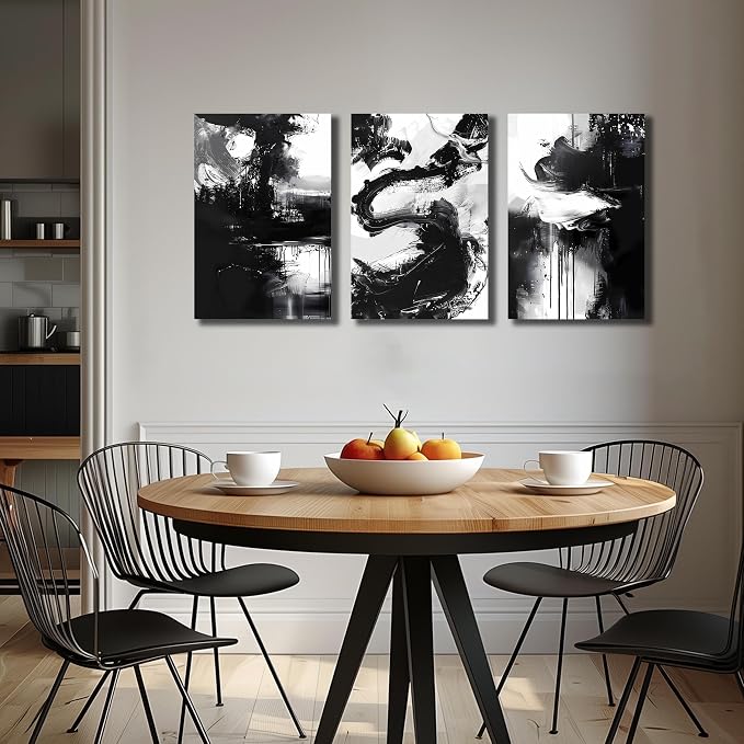 DNIEOTU Abstract Canvas Wall Art for Living Room, Black and White Picture Prints Wall-Decor for Bedroom, Size 16 x 24 Inches 3-Piece