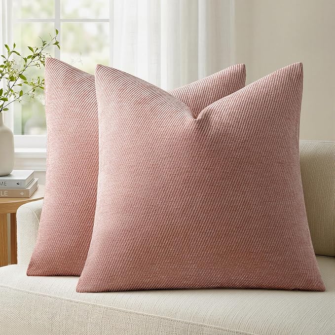 a moment Pack of 2 Decorative Chenille Throw Pillow Covers with Twill Cushion Covers for Sofa Living Room Couch Bed 16x16 Inch Blush Pink