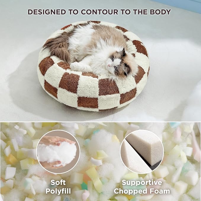 LE SURE Shown on TV Jacquard Donut Cute Cat Beds Indoor,Brown 20x20x6in | Orthopedic Calming Small Dog Bed,Original Design Pattern,Washable Cover, Home Decor as Gift for Pet,Anti Slip Bottom
