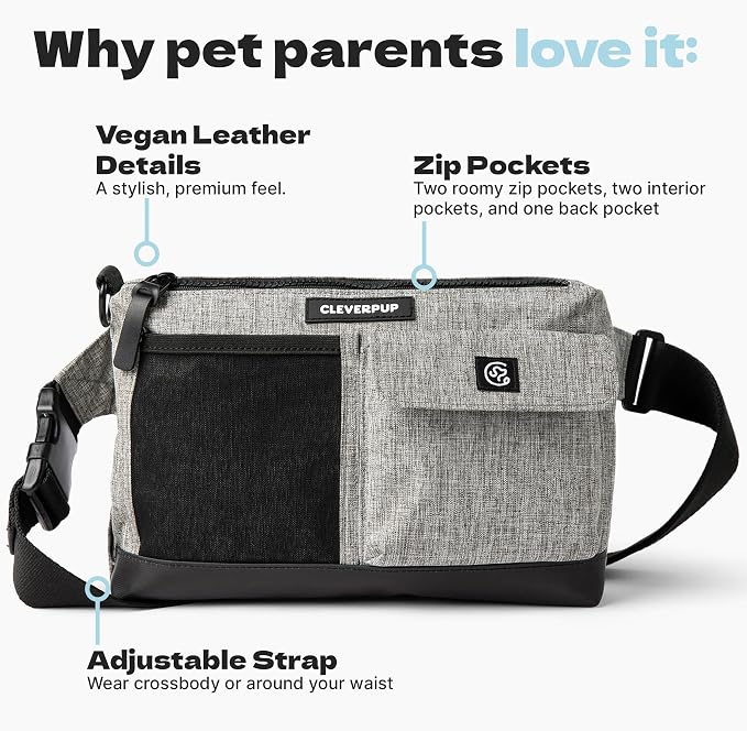 Cleverpup Walk & Train 2-in-1 Dog Walking Bag - Hands-Free, Heather Grey