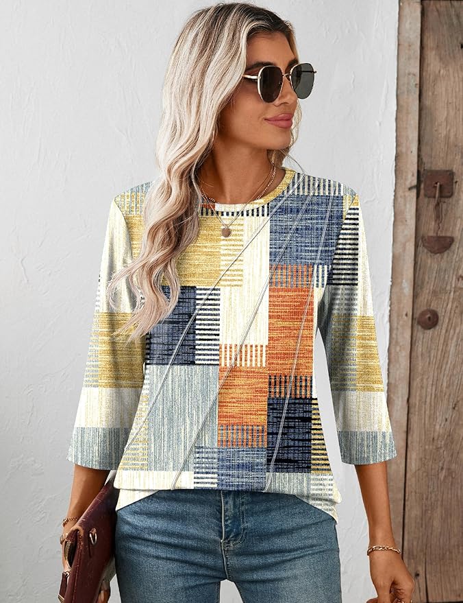 LOMON 3/4 Length Sleeve Womens Tops Spring Summer Fashion 2026 Tops Crew Neck Pleated Shirts Tunic Top Loose Fit