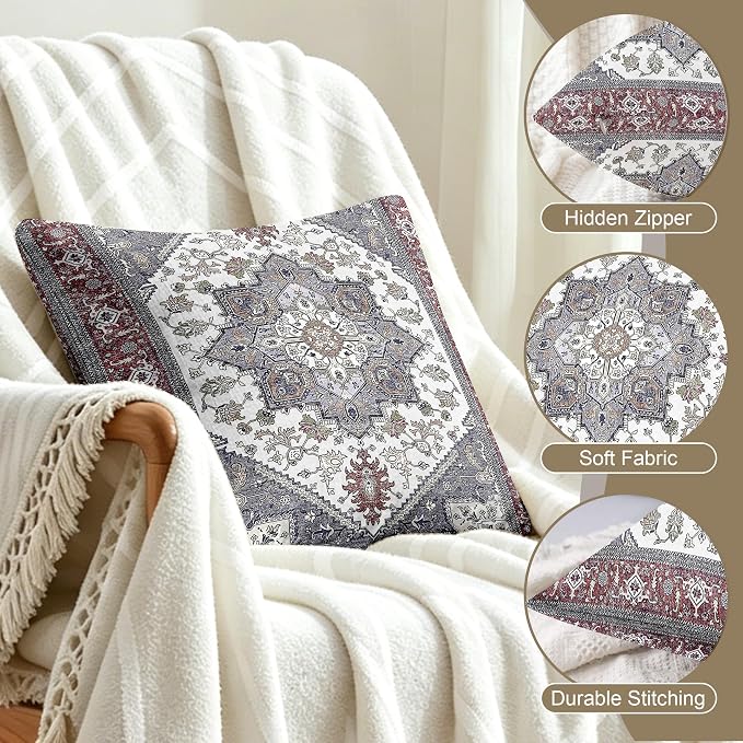 Boho Throw Pillow Covers 18x18 inch Set of 2,Soft Pillowcases Bohemia Carpet Printing Pattern Decorative Sofa Living Room Bed Square Pillow Case Cushion Cover-Reddish Blue