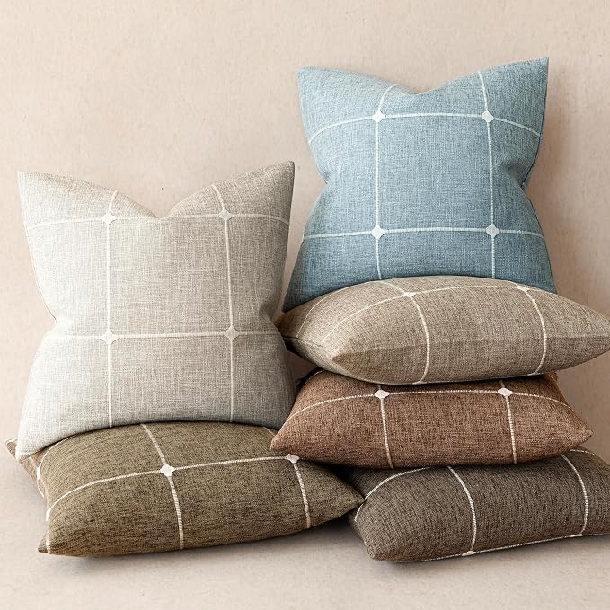 Foindtower Pack of 2 Decorative Faux Linen Jacquard Check Throw Pillow Covers Farmhouse Cushion Cover with Grid Textured Accent Pillowcase for Couch Sofa Living Room Home Decor,16×16 Inch,Light Blue