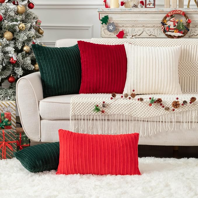 UGASA Christmas Velvet 12x20 Inch Lumbar Soft Throw Pillow Covers Decorative Striped Corduroy Both Sides Rectangular Cushion Cases Boho Farmhouse for Couch Bedroom Sofa Home, Pack of 2, Dark Green