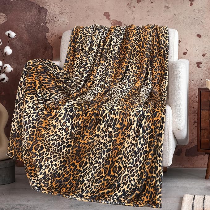 Leopard Print Blanket Fleece Throw for Bed Sofa Travel and Camping, Soft Cozy Fluffy Plush Blanket for All Seasons, Cheetah Print Throw for Birthday Gifts 50"x60"