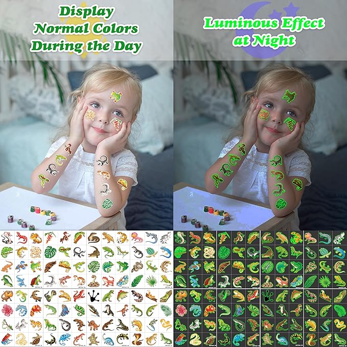 96PCS Reptile Animal Safari Jungle Lizard Pre-Cut Luminous Glow in the dark Temporary Tattoos for Kids | Super Cute Theme Birthday Party Favors Supplies Decorations, Fake Tattoos Gifts for Boys Girls