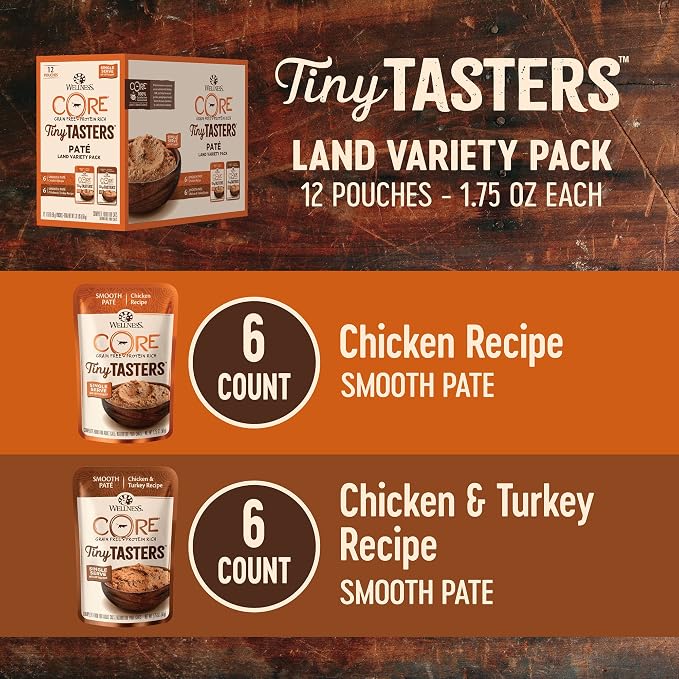 Wellness CORE Tiny Tasters Wet Cat Food Pate, Seafood & Poultry Variety Pack Bundle, 1.75-Ounce Pouches (Pack of 24)