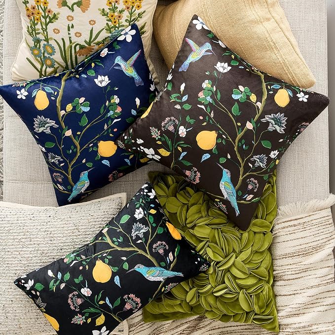 MUSSEL Brown Velvet Floral Decorative 12x20 Lumbar Pillow Covers Set of 2 | Durable and Sturdy,Botanical Printed Pattern,Throw Pillows Case,Rectangle,Colorful Farmhouse,Home Sofa Bed Couch Decor