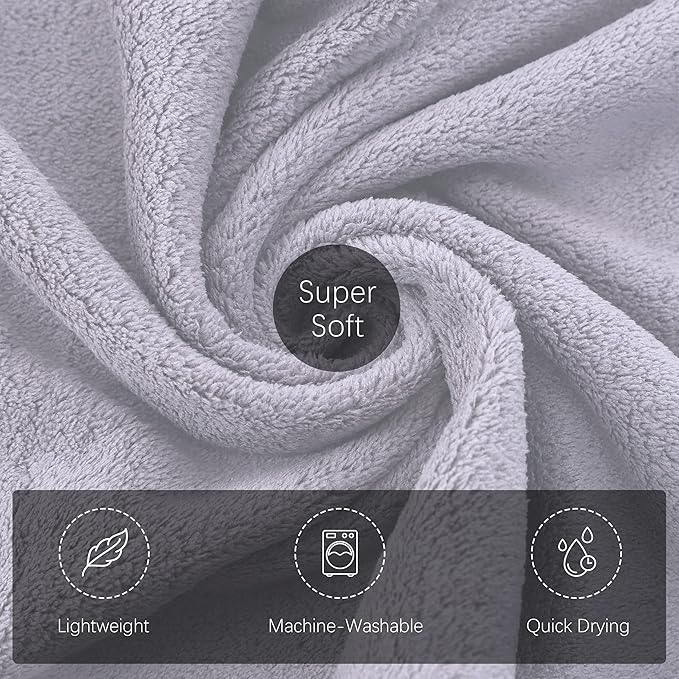 TENSTARS Luxury Silk Hemming Towel Set - Light Thin Quick Drying - 2 Bath Towels 2 Hand Towels 2 Washcloths - Ultra Soft Microfiber Towel for Bath Fitness, Sports, Yoga, Travel (Light Grey 6 Pieces)
