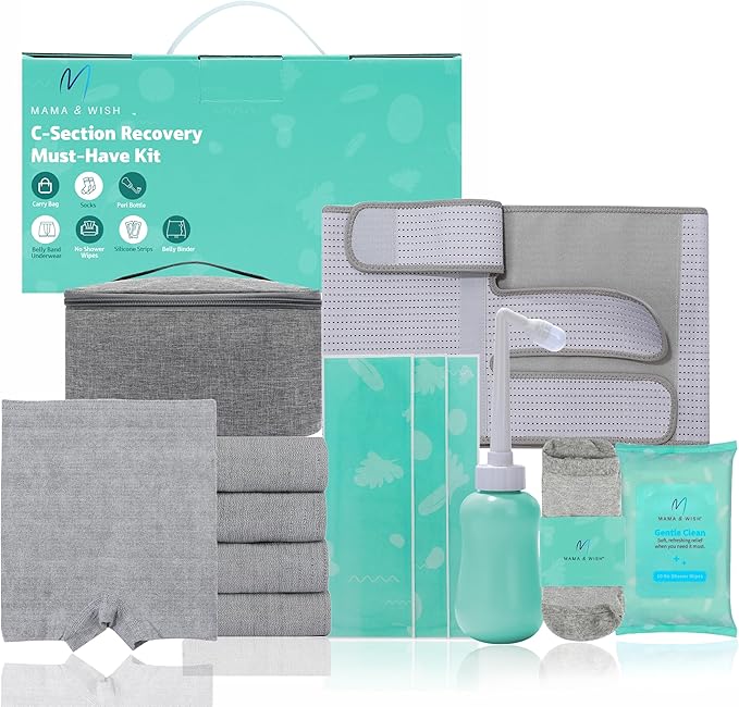Mama & Wish® C-Section Recovery Kit Must Haves - Postpartum Essentials 12-Piece Set with Belly Binder, No-Shower Wipes, Silicone Scar Patches, Peri Bottle, Underwear, Grip Socks & Toiletry Bag