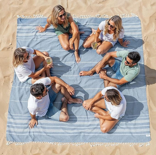 LANE LINEN Beach Towels Oversized - Picnic Blankets (82x82), Sand- Free Beach Accessories Must Haves for Family Vacations, Park Outings with Easy Carry, Quick Setup & Dry, Machine Washable – Sky Blue
