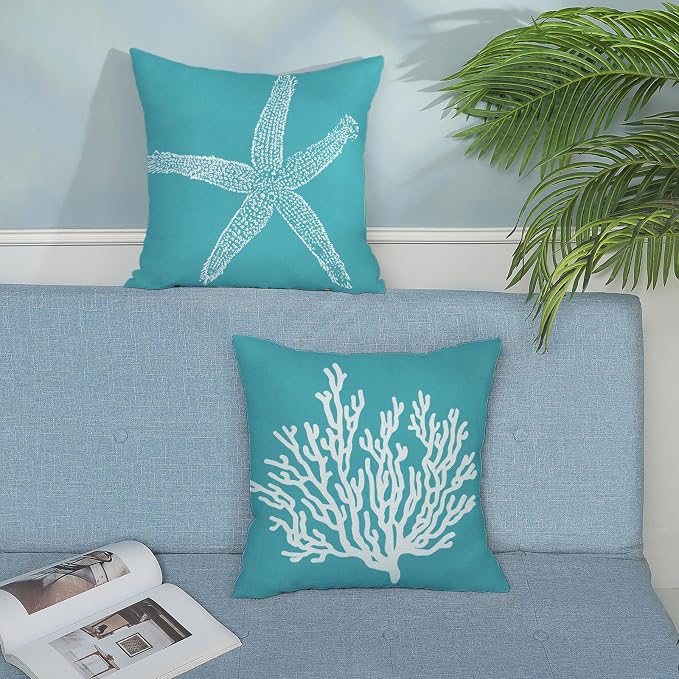 Coastal Pillow Covers 20x20 Set of 2 Aqua Teal Turquoise Coral Starfish Throw Pillows Nautical Ocean Decorations Summer Linen Beach Pillowcase Outdoor Decor Farmhouse Cushion Case for Couch