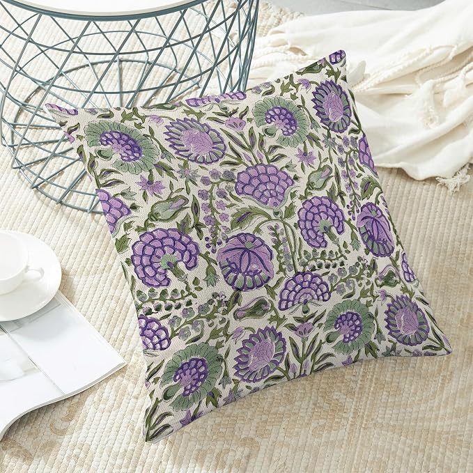 Block Print Pillow Covers 18x18 Inch Pack Of 2 Boho Purple Green Floral Decor Throw Pillow Covers Spring Summer Flower Pillowcase Outdoor Farmhouse Decorative Cushion Cover for Home Couch Sofa