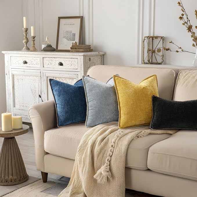 decorUhome Soft Chenille Throw Pillow Covers 12x20 Set of 2 Black | Fall Textured Decorative Throw Pillow Cases Stitched Edge Modern Farmhouse Luxury Boho Velvet for Couch Sofa Bed Home Decor