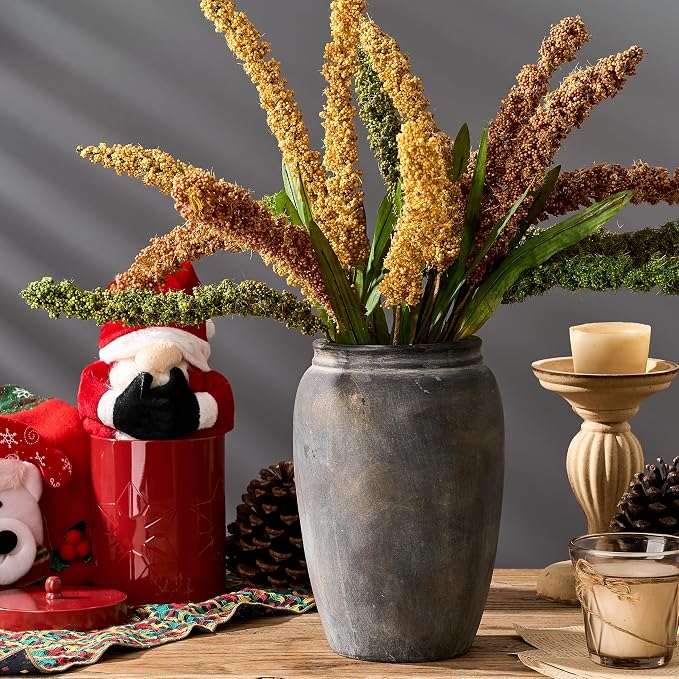 PORCER 8.2 Inch Ceramic Terracotta Rustic Vase Home Decor Farmhouse Decorative Vase for Living Room Entryway Floor Holiday Wedding-Black Bronze