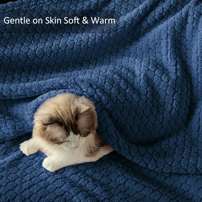 Exclusivo Mezcla Soft Fleece Throw Blanket for Couch, Navy Blue | Jacquard Lightweight Cozy Throws for Bed, Sofa, Breathable Decorative Fuzzy Textured All Season Use, 50x60 Inches