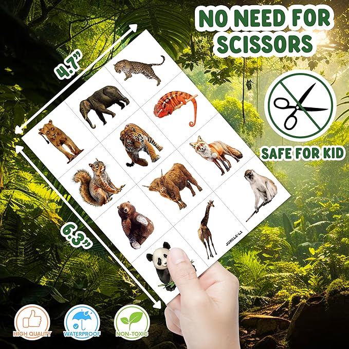 96 PCS Realistic Wildlife Jungle Animal Pre-Cut Temporary Tattoos Sticker Reptile Birthday Party Decorations Supplies Favors Gifts Boys Girls Zoo Cute Fake Tattoo School Reward Themed (Normal)