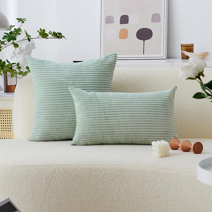 Home Brilliant Plush Throw Pillow Cover Soft Boho Green Summer Pillow Cover 20x20 Square Corduroy Striped Pillowcase for Sofa Couch Bedroom Chair Decor, 20 x 20 inch (50cm), Mint