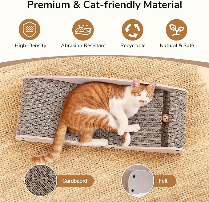 FUKUMARU Cardboard Cat Scratcher Bed, Extra Large 29.1 Inch Cat Scratch Pad | Cat Scratching Bed Couch Indoor, Natural Felt Multifunctional, Horizontal Kitten Scratch Bed Lounger With Ball Toy, Camel