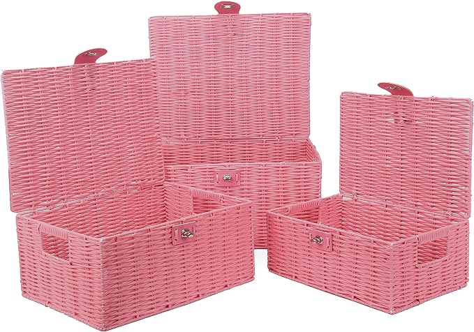 Honygebia Pink Wicker Storage Baskets - Set of 3 Decorative Nesting Boxes with Lids, Woven Basket with Lock & Handle, Organizer for Beauty Makeup Bathroom Decor