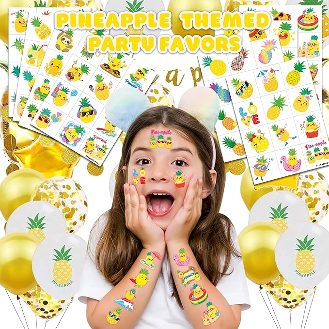 96PCS Pineapple Pre-Cut Temporary Tattoos for Kids | Super Cute Themed Birthday Party Favors, Supplies, Decorations, Cute Funny Fruit Fake Tattoo Stickers, School Rewards Prizes & Gifts For Boys Girls