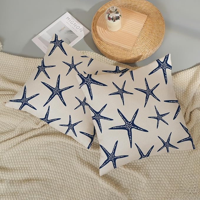 Navy Blue Starfish Pillow Covers 18x18 Inch Set of 2 Coastal Throw Pillows Spring Summer Nautical Ocean Theme Beach Decorative Pillow Cases Linen Outdoor Decor Cushion Case for Home Bedroom