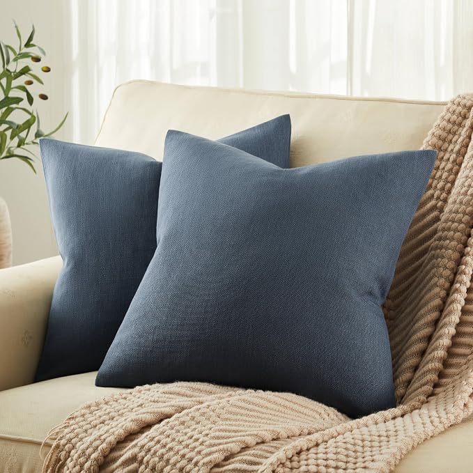 Rustic Linen Throw Pillow Covers Set of 2, Navy 24x24in | Textured Pillow Case, Rustic Cotton Linen Fabric, Modern Farmhouse Cushion Covers for Sofa Bed Living Room Home Decor