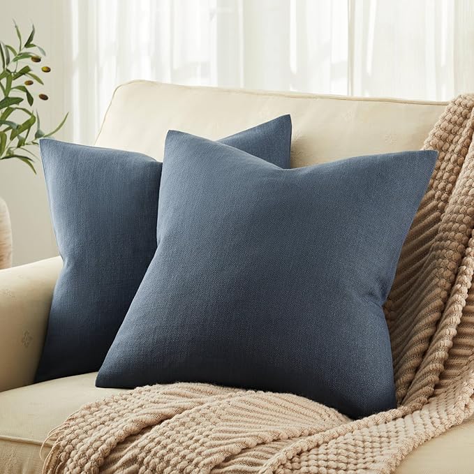 Rustic Linen Throw Pillow Covers Set of 2, Navy 18x18in | Textured Pillow Case, Rustic Cotton Linen Fabric, Modern Farmhouse Cushion Covers for Sofa Bed Living Room Home Decor