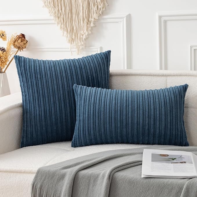 UGASA Velvet 18x18 Inch Soft Throw Pillow Covers Decorative Corduroy Striped Both Sides Solid Square Cushion Cases Boho Farmhouse for Couch Bedroom Sofa Home, Pack of 2, Dusty Blue