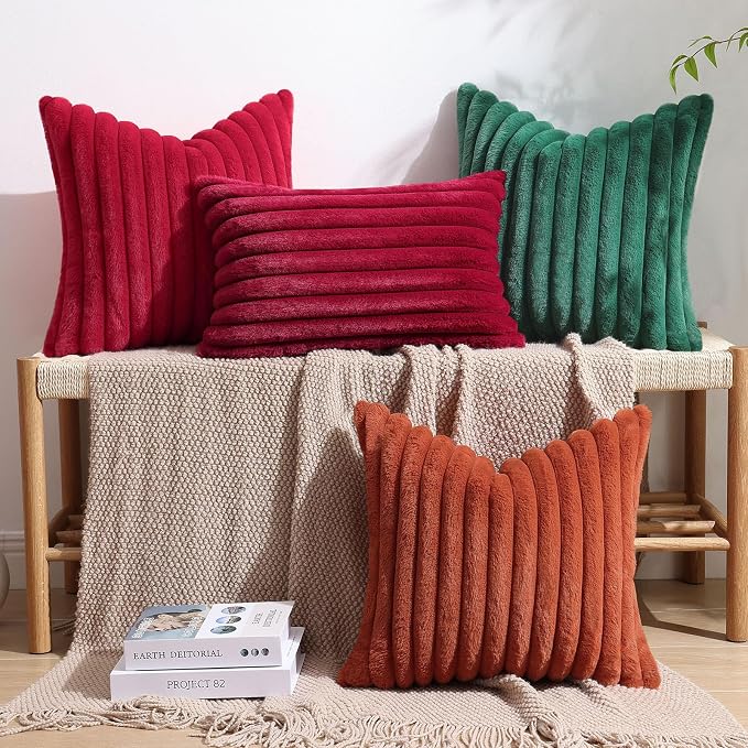 decorUhome Fall Faux Fur Throw Pillow Covers 16x16 Set of 2 Christmas Green | Decorative Soft Cozy Striped Plush Modern Farmhouse Boho Couch Pillow Cases Velvet Back for Sofa Bed Living Room Home Decor