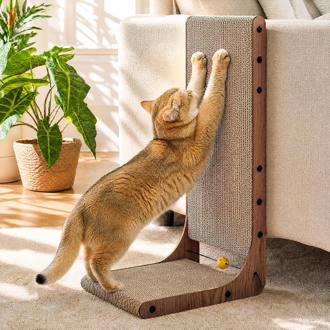 FUKUMARU Cat Scratcher 2 Packs, 25 Inch Cat Scratching Boards, L Shaped Pad | Cardboard Cat Scratcher for Indoor Cats, Vertical Scartch Pads with Ball Toy, Kitten Scratching Post Wall, Walnut Color