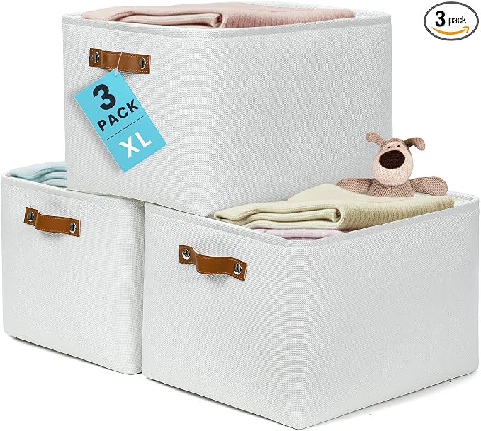 OrganiHaus 16x12.5in Storage Baskets, 3 Pack - Fabric Bins for Shelves | Vegan leather handles; a decorative linen closet organizer, towel and clothes container
