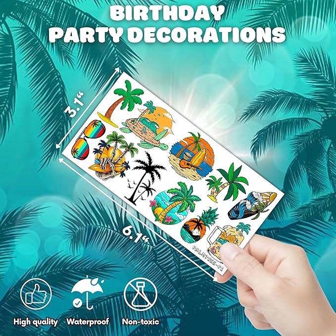 101 PCS Palm Tree Leaves Temporary Tattoos Birthday Party Decorations Supplies Favors Luau Hawaiian Themed Tropical Summer Palm Coconut Tree Beach Pool Decor Stickers Gift School Prizes Rewards