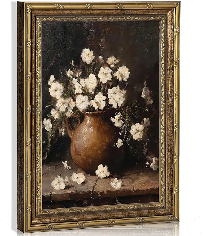 Vintage White Flower Canvas Wall Art,Gold Framed Floral Wall Decor11x9in | Antique White Flower Picture Artwork For Cottagecore Living Room, Bedroom and Entryway and Gallery Wall
