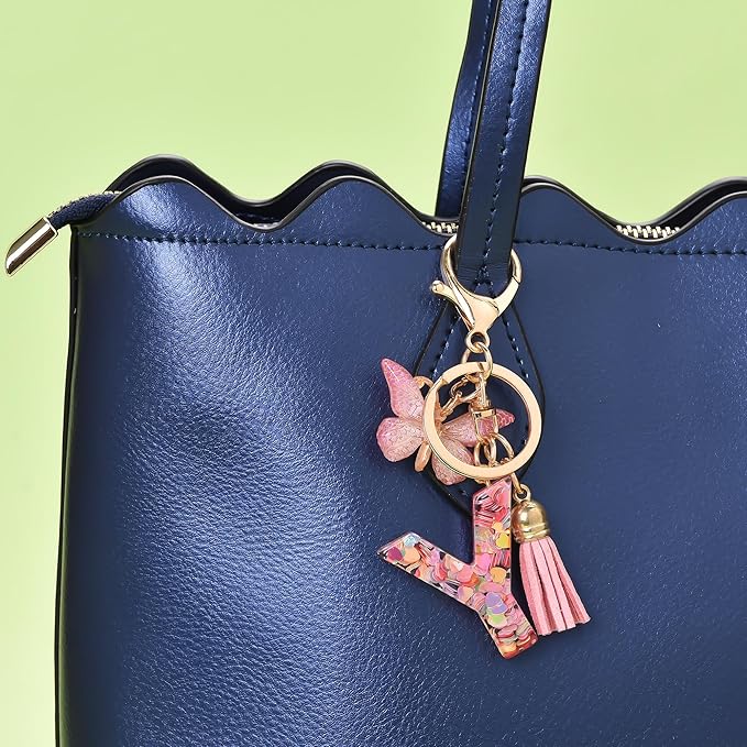 Fashion Alphabet Initial Letter Keychain Tassel Butterfly Pendant Key Ring for Purse Handbags Women Girl