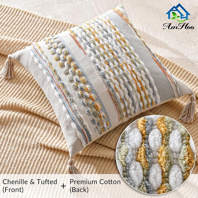 Chenille Striped Textured Boho Throw Pillow Covers Aesthetic with Tassels Woven Decorative Pillow Case for Couch Bed Sofa Bedroom Modern Funky 18 x 18-Inch Grey