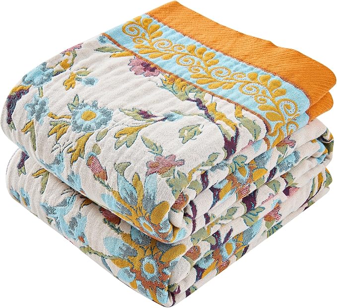 VANJOROY Boho Throw Blanket, 100% Organic Cotton Breathable Ultra Soft 91" x 108" King Bed Quilt Throw - All Season Floral Rustic Luxury Blanket for Sofa Couch Chair