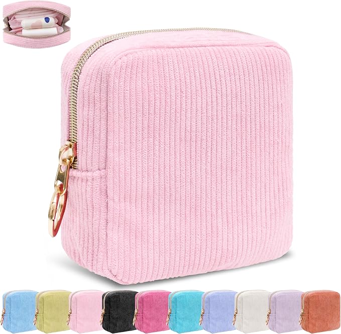 Period Bag for Girls, Corduroy Period Kit with Sanitary Pad Pouch, Menstrual Storage Bag and Tampon Holder for Purse, Girls School Essentials,Feminine Care Organizer(Pink)