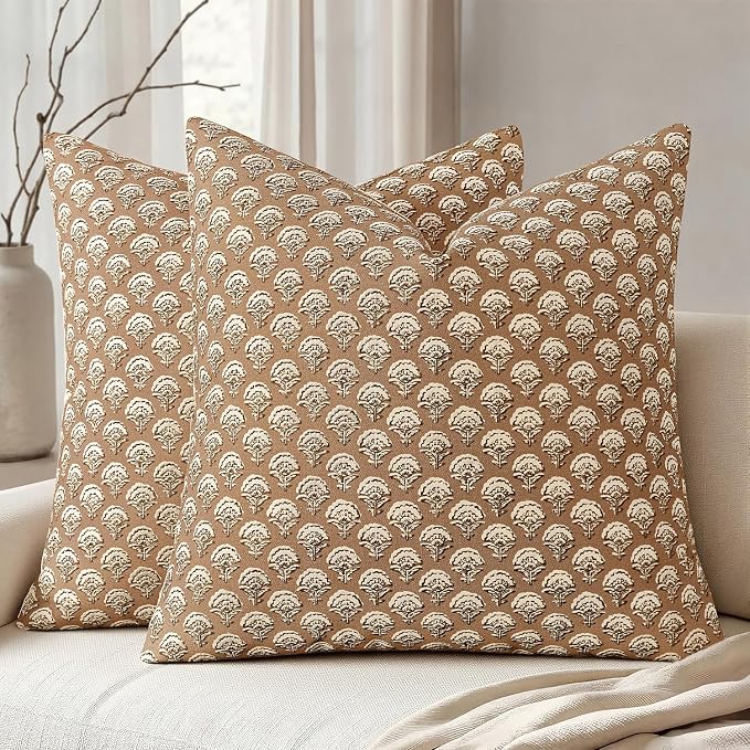 MIULEE Floral Print Decorative Pillow Covers 20x20, Cognac | Vintage Boho Farmhouse Modern Home Decor, Set of 2, Block Print Cushion Covers for Couch Sofa Bed Living Room