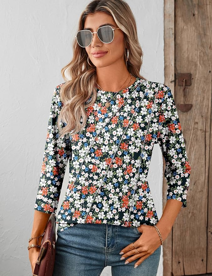 LOMON 3/4 Length Sleeve Womens Tops Spring Summer Fashion 2026 Tops Crew Neck Pleated Shirts Tunic Top Loose Fit