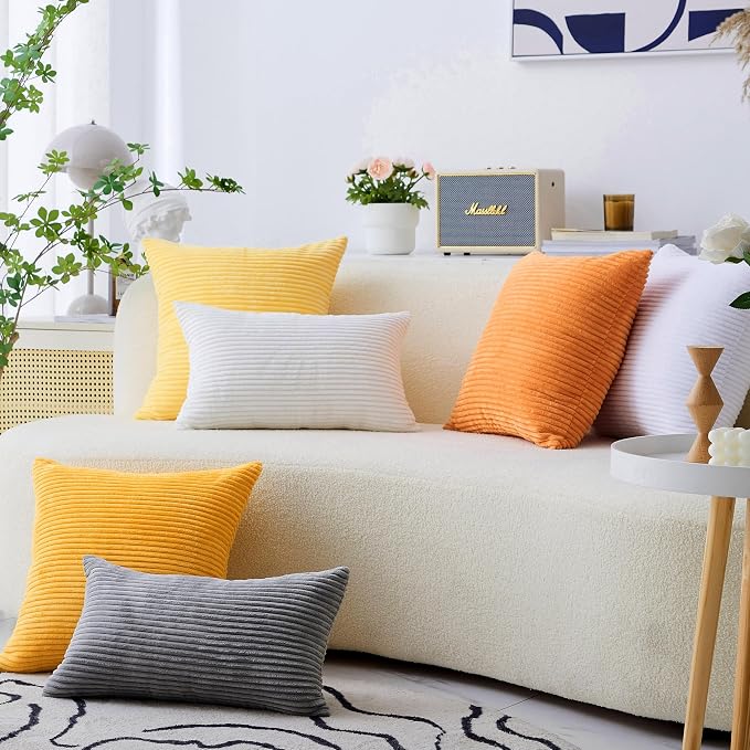 Home Brilliant Orange Pillow Cover 18x18 Decorations Fall Accent Pillow Case Striped Corduroy Soft Plush Velvet Rust Throw Pillow Cover for Couch, Orange, 18 x 18 inches