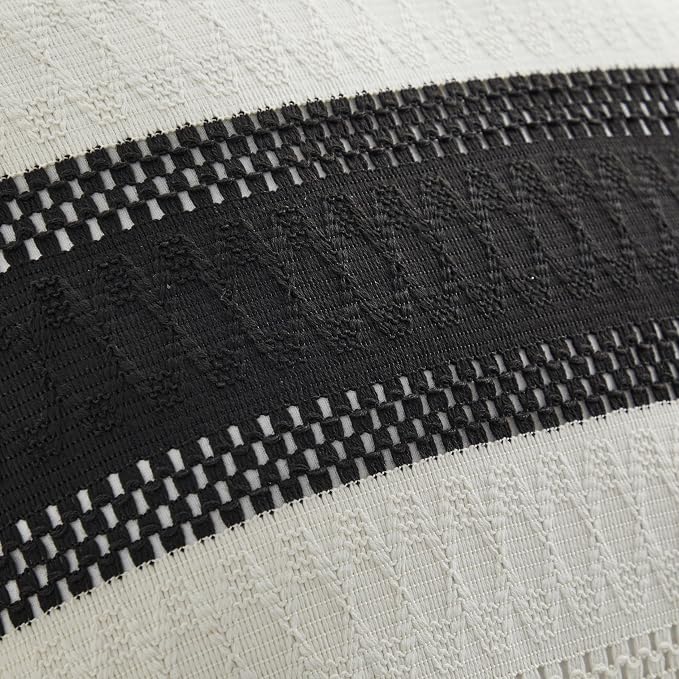 2pk Boho Pillow Covers 24x24, Natural White/Contrast/Black | 100% Organic Cotton Body, Stripe Embroidery, Farmhouse Decorative Cushion Covers for Sofa Bed Living Room Home Decor