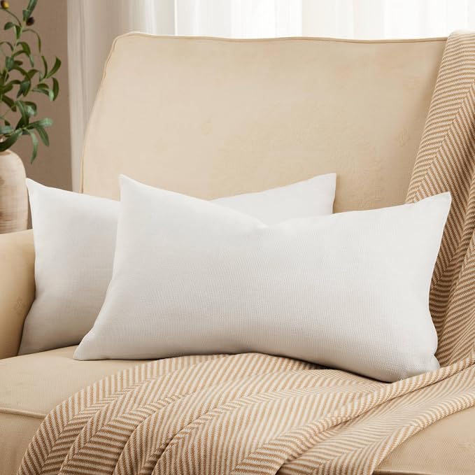 Rustic Linen Lumbar Pillow Covers Set of 2, Off White 12x20in | Textured Pillow Case, Rustic Cotton Linen Fabric, Modern Farmhouse Cushion Covers for Sofa Bed Living Room Home Decor