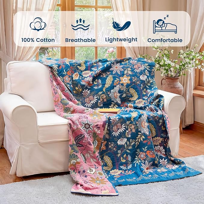 MSGKV Boho Throw Blanket 60"x80" 100% Cotton Twin Floral Throw for Couch | 100% Cotton Throw, Twin Floral Pattern, Reversible Woven, Summer Breathable, Lightweight, Home Decor, Machine Washable