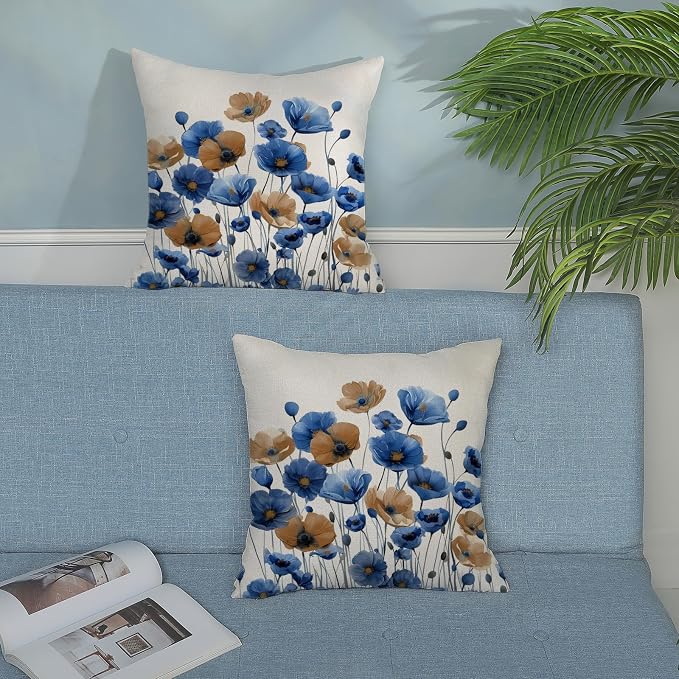 Spring Floral Pillow Covers 18x18 Set of 2 Blue Brown Flower Decorative Throw Pillow Covers Decoration Summer Seasonal Pillowcase Farmhouse Decorative Cushion Cover For Home Sofa Outdoor Decor