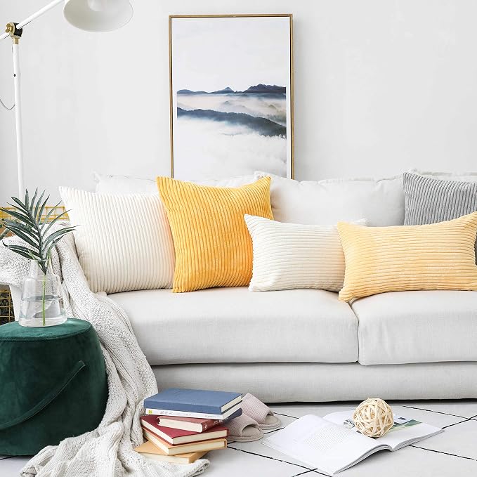 Home Brilliant 12 x 20 Pillow Cover Rectangle Striped Corduroy Velvet Rectangular Throw Pillow Cover for Chair Mustard Yellow Summer Decor, 30 x 50cm(12x20 inch), Sunflower Yellow