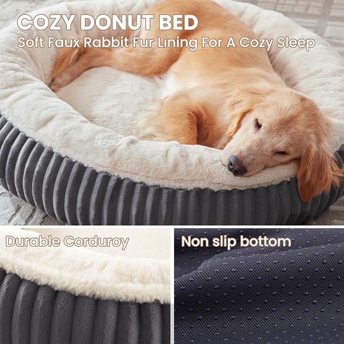 36 inches Calming Donut Dog Bed for Large Dogs,Charcoal | Round Pet Bed with Removable&Washable Cover,Milk Plush Faux Fur, Fits Pets up to 80 lbs