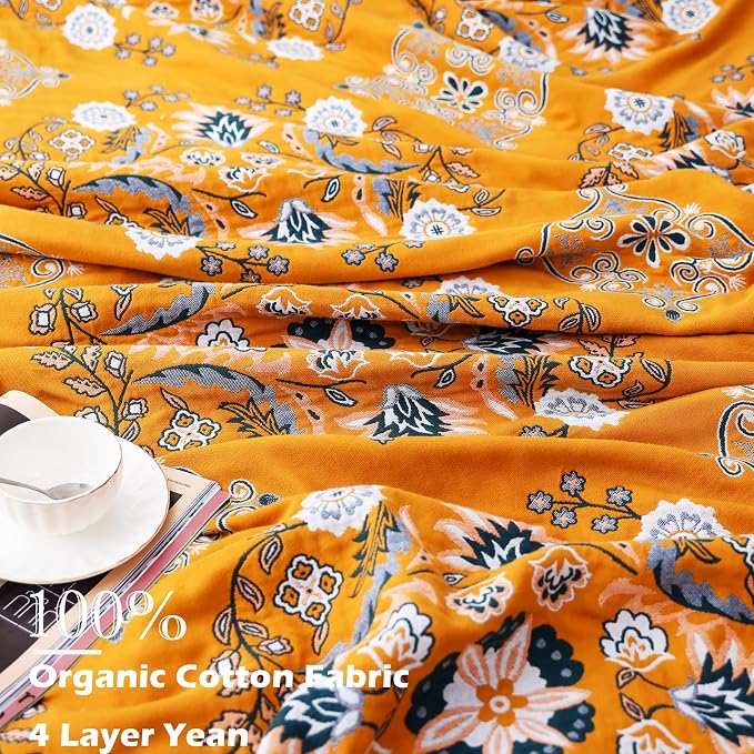 VANJOROY Boho Throw Blanket, 100% Cotton Soft Sofa Bed Throw-Floral Farmhouse Decor Blanket, Reversible Bohemian Throw for Chair Couch Quilt and Gift, 60" x 80"-Yellow