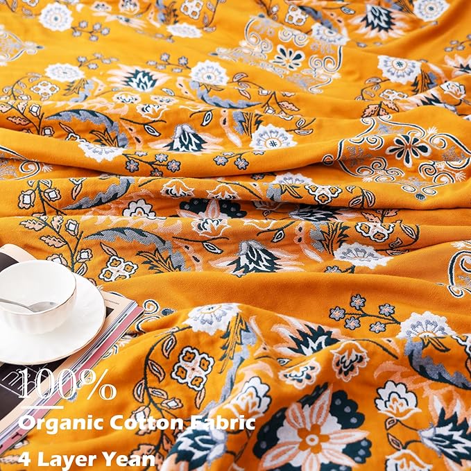 VANJOROY Boho Throw Blanket, 100% Cotton Soft Sofa Bed Queen Throw-Floral Farmhouse Decor Blanket, Reversible Bohemian Yellow Throw for Chair Couch Quilt and Gift, 80" x 90"